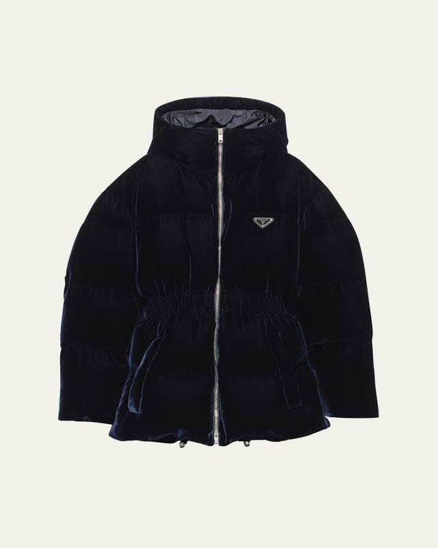 Cinched Velvet Puffer Jacket